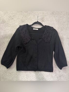 Darling Button-Front Angora Blend Cardigan, Floral Appliqué Collar, Women’s S